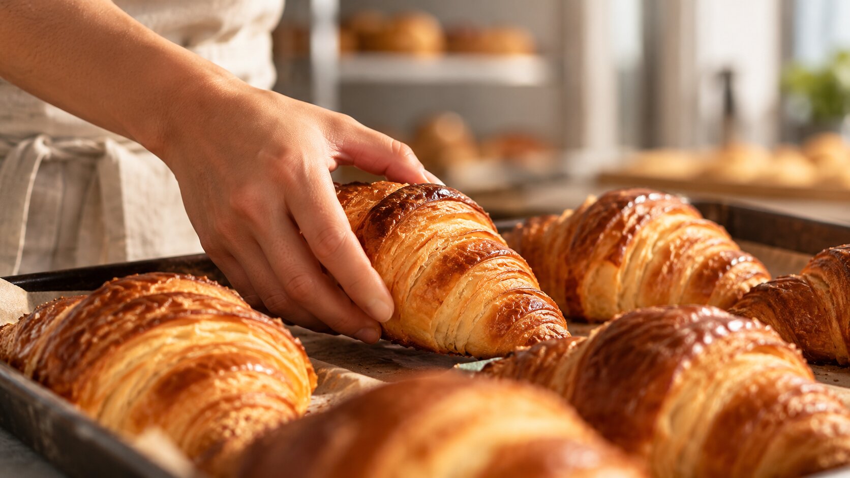 Golden croissants on a baking tray