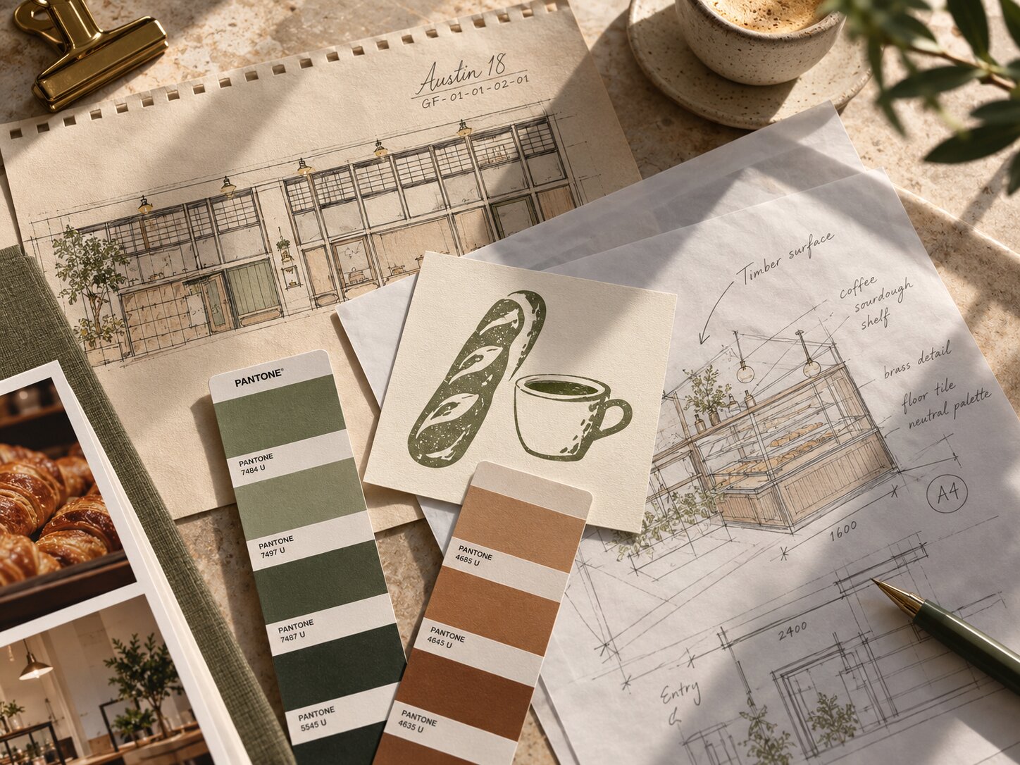 Shop sketches with Pantone swatches in green and wood